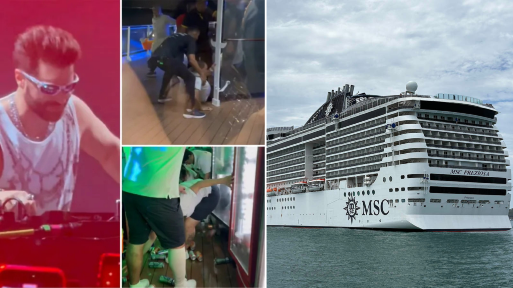 Collage showing DJ Alok performing and crew assisting guests onboard MSC Preziosa as strong winds disrupt New Year’s Eve celebrations during an MSC Cruises voyage