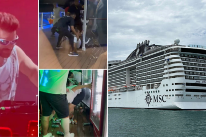 Collage showing DJ Alok performing and crew assisting guests onboard MSC Preziosa as strong winds disrupt New Year’s Eve celebrations during an MSC Cruises voyage