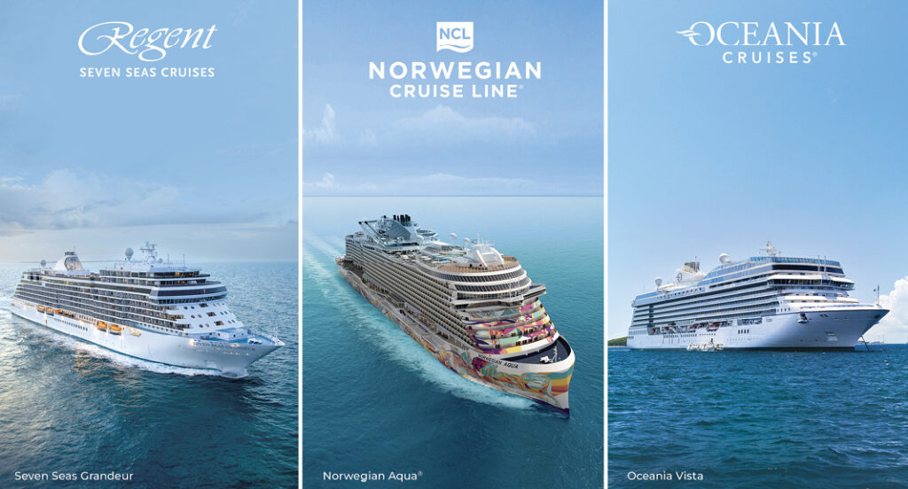 Three cruise ships representing Norwegian Cruise Line Holdings brands Regent Seven Seas Cruises, Norwegian Cruise Line and Oceania Cruises sailing at sea, highlighting the company’s expanding newbuild orderbook.