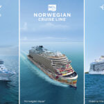 Three cruise ships representing Norwegian Cruise Line Holdings brands Regent Seven Seas Cruises, Norwegian Cruise Line and Oceania Cruises sailing at sea, highlighting the company’s expanding newbuild orderbook.