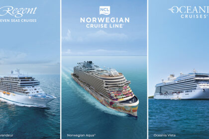 Three cruise ships representing Norwegian Cruise Line Holdings brands Regent Seven Seas Cruises, Norwegian Cruise Line and Oceania Cruises sailing at sea, highlighting the company’s expanding newbuild orderbook.