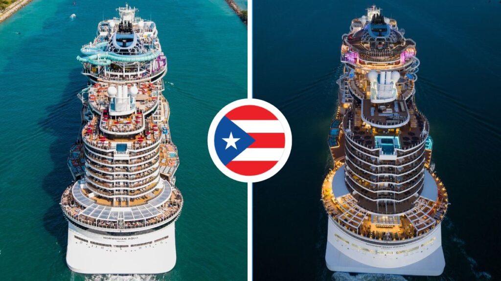 Top-down view of two Norwegian Cruise Line Prima-class cruise ships shown in daylight and nighttime sailing toward Puerto Rico