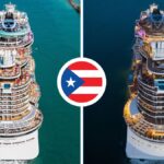 Top-down view of two Norwegian Cruise Line Prima-class cruise ships shown in daylight and nighttime sailing toward Puerto Rico