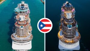 Top-down view of two Norwegian Cruise Line Prima-class cruise ships shown in daylight and nighttime sailing toward Puerto Rico