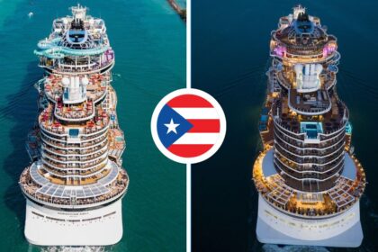 Top-down view of two Norwegian Cruise Line Prima-class cruise ships shown in daylight and nighttime sailing toward Puerto Rico