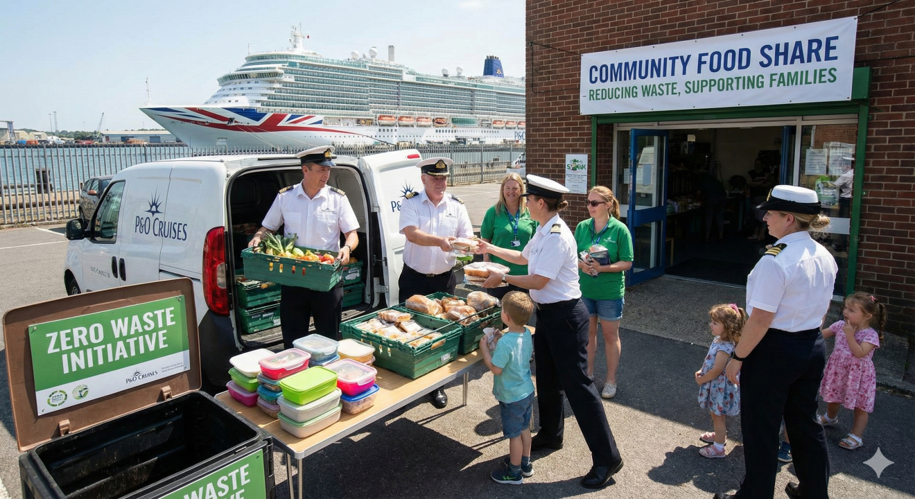 P&O Cruises officers distribute surplus food outside a Southampton community food share, helping families while reducing shipboard food waste.