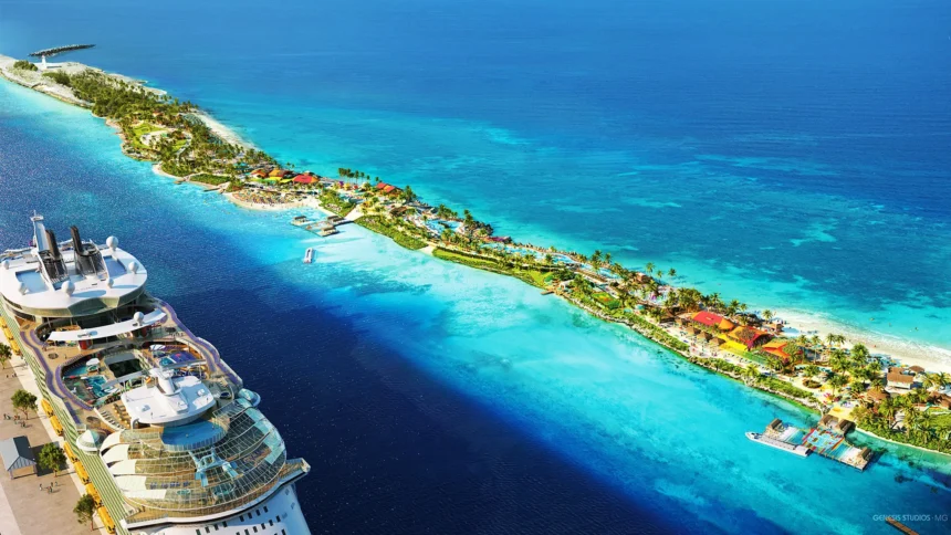 Aerial view of Royal Caribbean’s new Beach Club at Paradise Island in Nassau, showing turquoise waters, landscaped beachfront areas, and a cruise ship docked nearby.