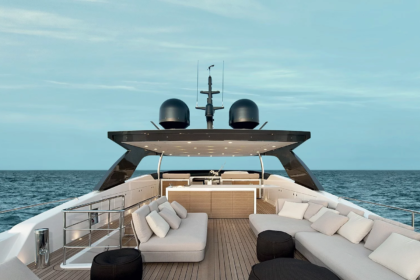 Upper deck lounge area aboard the Sanlorenzo SL106 motor yacht Piacere III, featuring modern outdoor seating and open-sea views