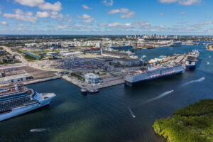 Two Disney Cruise Line ships docked together at Port Everglades in Fort Lauderdale.
