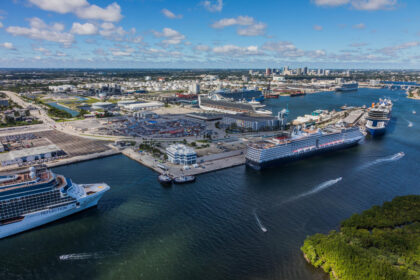 Two Disney Cruise Line ships docked together at Port Everglades in Fort Lauderdale.