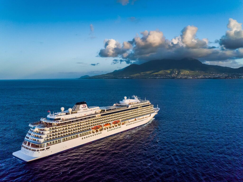 Viking ocean cruise ship sailing in the Caribbean Sea near St. Kitts under clear skies during a tropical voyage