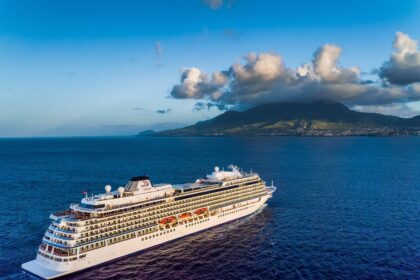 Viking ocean cruise ship sailing in the Caribbean Sea near St. Kitts under clear skies during a tropical voyage