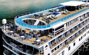 American Cruise Lines ship displaying USA 250th anniversary celebration branding