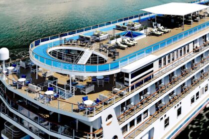 American Cruise Lines ship displaying USA 250th anniversary celebration branding